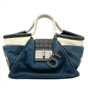 Chanel Coco Mark Chocolate Bar Canvas Handbag Navy Blue Rope Handles